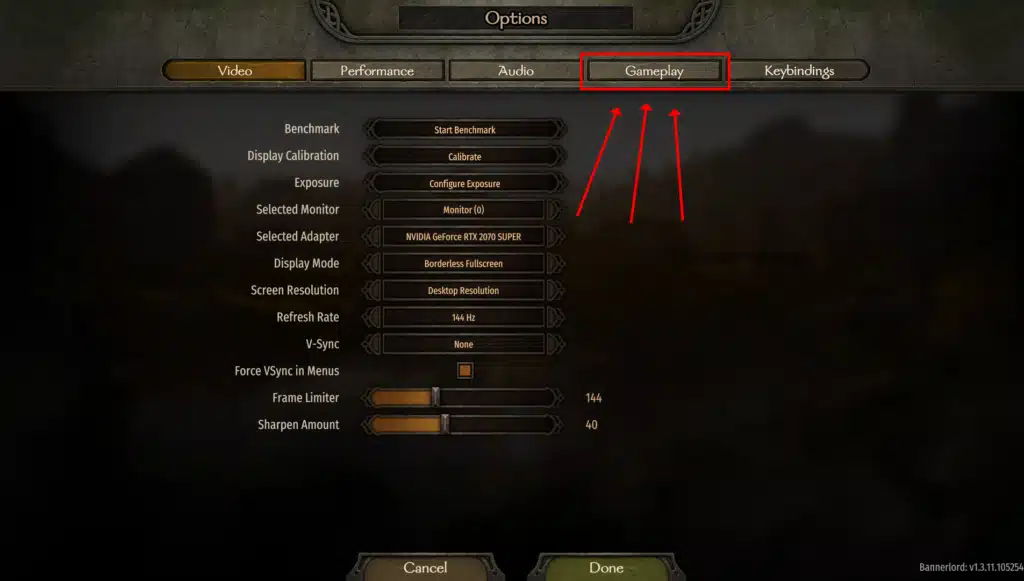 마운트 앤 블레이드2 배너로드 옵션에서 gameplay 옵션으로 바꾸는 화면